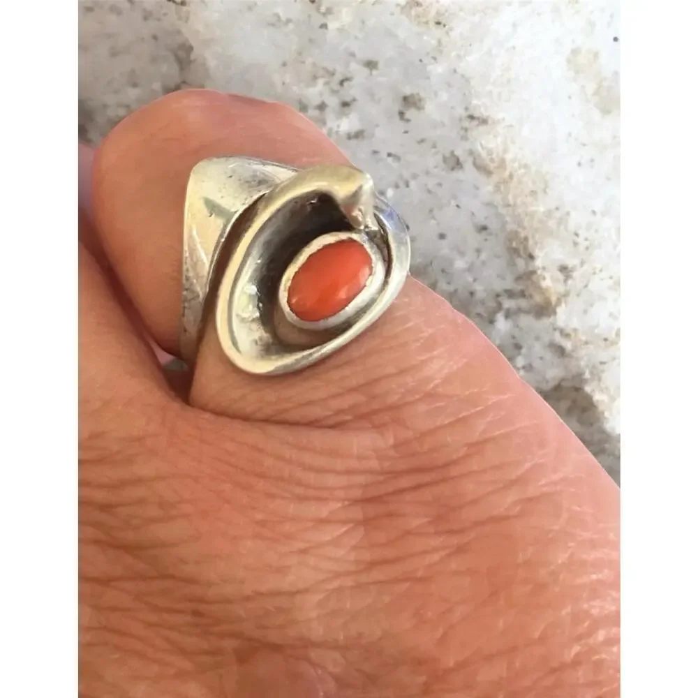 Vintage Sterling Silver Coral Ring & Pendant Set Modernist Jewelry